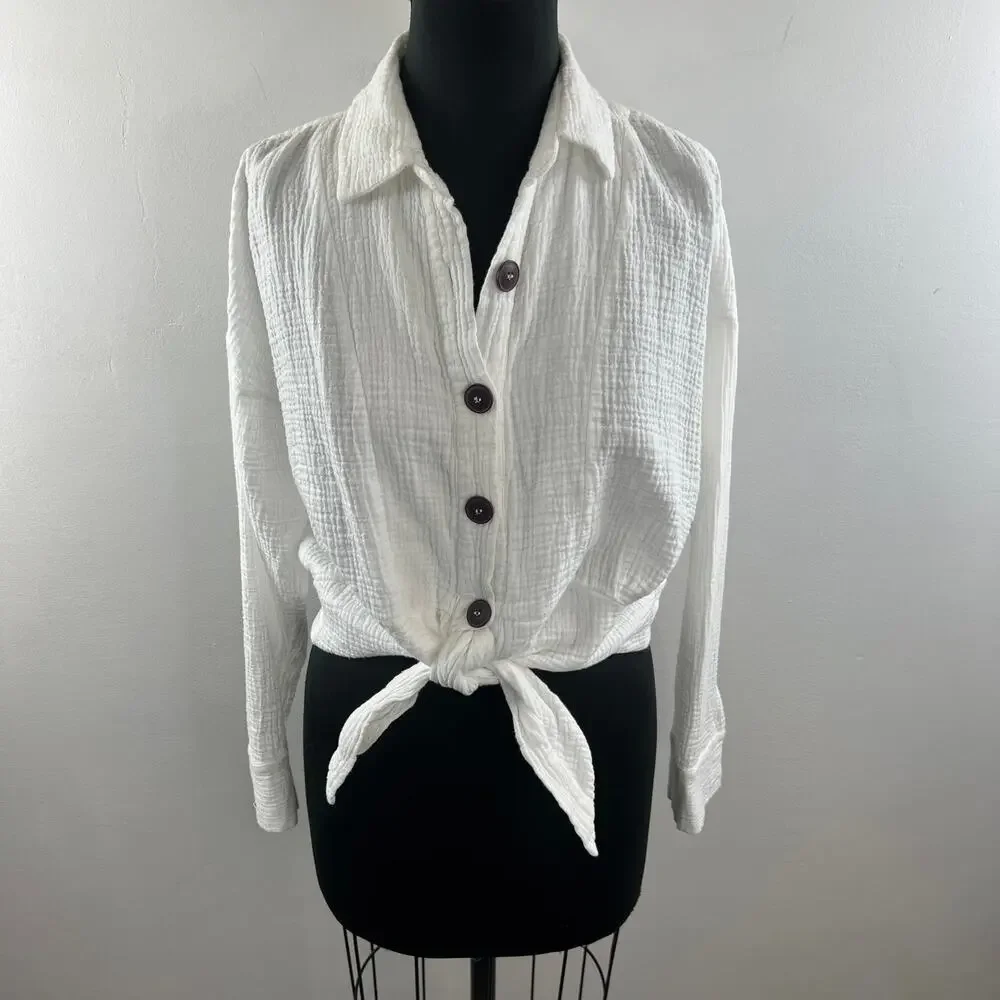 FREE PEOPLE White Cotton Sunstreaks Tie Front Long Sleeve Button-Down Top M?